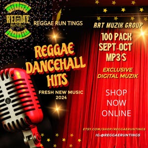 May include: A promotional graphic for Reggae Dancehall Hits. The image features a vintage red microphone, text that reads "Reggae Dancehall Hits Fresh New Music 2024," and "100 Pack Sept-Oct MP3's." The background includes a red curtain and gold stars.