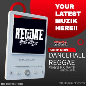 May include: A white digital music player with a black screen displaying the text "REGGAE Run Tings" and the text "RRT MUZIK GROUP". The player has a play button, a pause button, and a rewind button. The background is red and black with the text "YOUR LATEST MUZIK HERE!! 2024 SHOP NOW DANCEHALL REGGAE SINGLES PACK MARCH-APRIL 100 DIGITAL FILES RRT LIBRARY SERVICES".