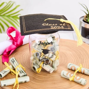 Gepersonaliseerde geldhouder afstudeerdop, geldpot afstudeercadeau, geldhouder afstuderen, afstudeercadeau, klasse van 2024, afstudeerdecor