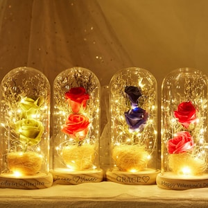 May include: Four glass domes with wooden bases, each containing a preserved rose and fairy lights. The bases are personalized with names and messages, including "Edwin & Monica", "Jason & Warren", "GRACE", and "Happy Valentine's Day".
