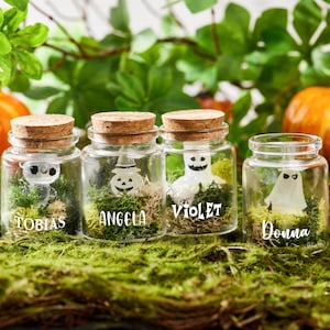 Puede incluir: Cuatro frascos de vidrio con tapones de corcho, cada uno con una pequeña figura de fantasma brillante y musgo. Los frascos están etiquetados con los nombres: Tobias, Angela, Violet y Donna. Calabazas y vegetación crean un tema de Halloween.