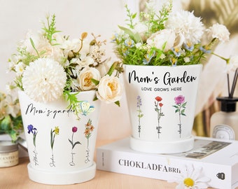 Personalized Flower Pot For Grandmas,Custom Grandkid Name Pot,Birth Flower Plant Pot,Mom&#39;s Garden,Outdoor Flower Pot With Month Flower