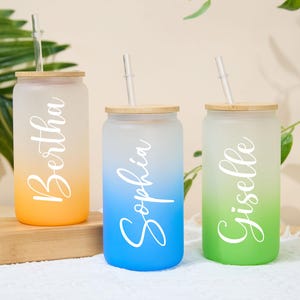 Personalized Iced Coffee Cup,Bachelorette Glass Cup,Frosted Glass Tumbler,Customized Glass Tumbler,Bamboo Lid Iced Coffee Mug,Wedding Gifts