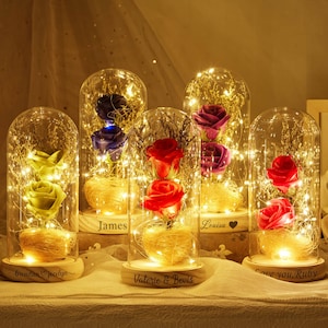 以下が含まれることがあります： LEDライトと保存されたバラが入ったガラスのドームが5つあります。各ドームには、パーソナライズされた刻印が施された木製ベースが付いています。刻印は「ジェームズ」、「ルイザ」、「ブランドン＆ジョセリン」、「ヴァレリー＆ボリス」、「ラブユー、ルビー」です。