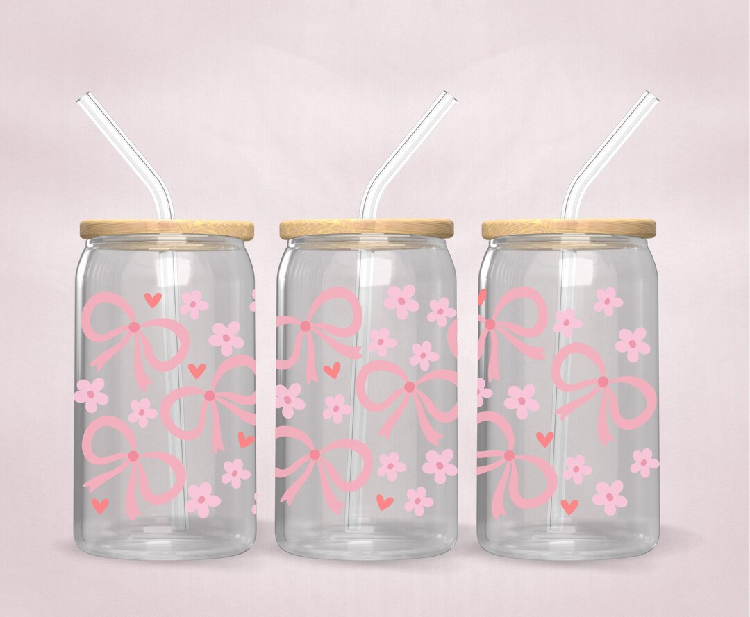 Pink Bow Iced Coffee Glass Can – 16 Oz Floral Tumbler With Bamboo Lid ...