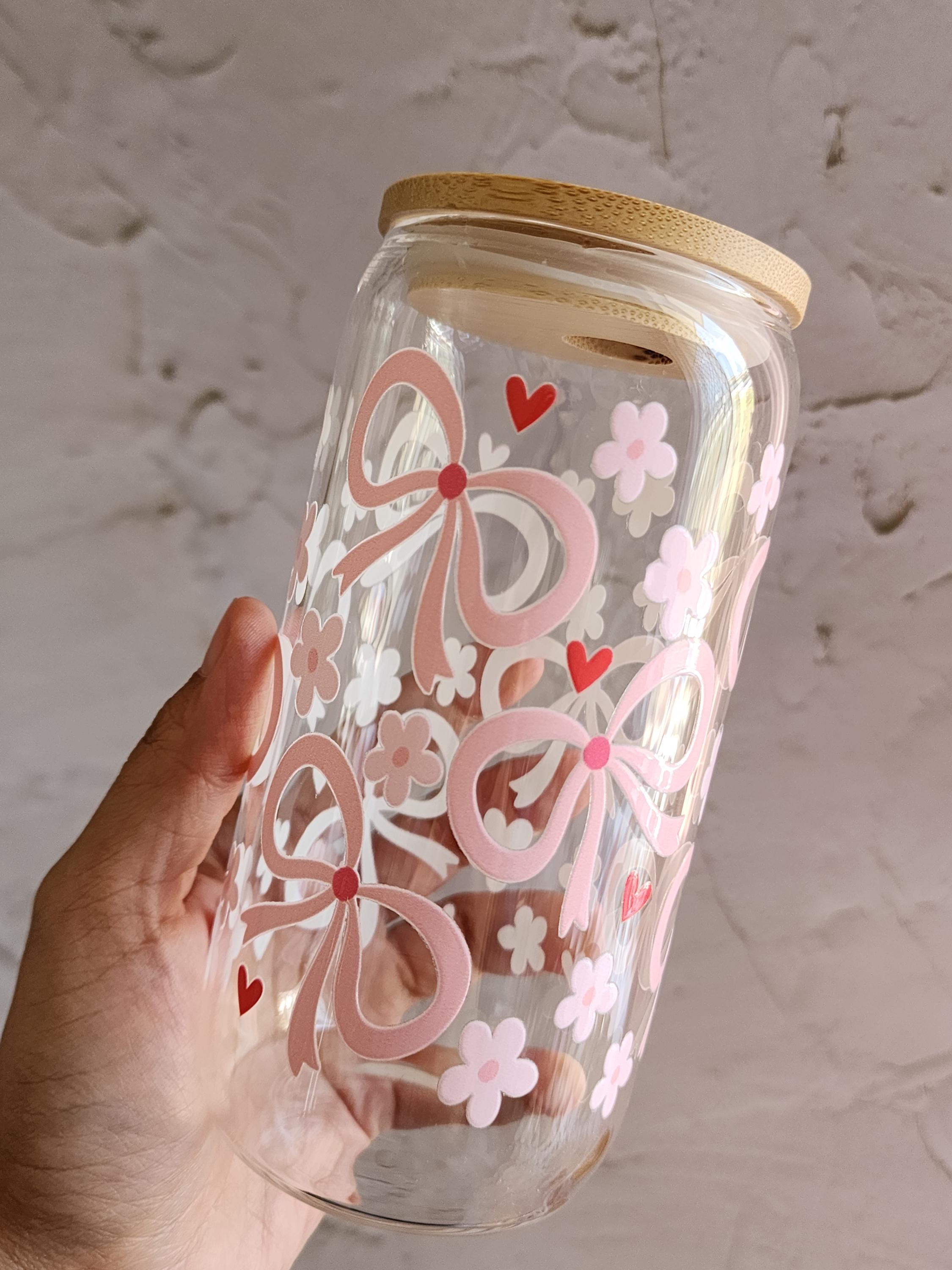 Pink Bow Iced Coffee Glass Can – 16 Oz Floral Tumbler With Bamboo Lid ...