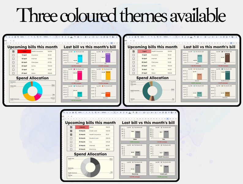 Three Color Spreadsheet Bill Tracker Fixed and Non-fixed Bill Expense Tracker Bills Spreadsheet ...