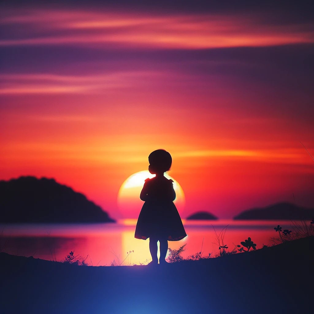 Little Girl in Front of a Sunset or Sunrise Silhouette Colorful Png - Etsy