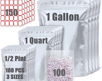 100 Mylar Bags for Food Storage With Oxygen Absorbers,Gallon, Quart & Small-8.3m