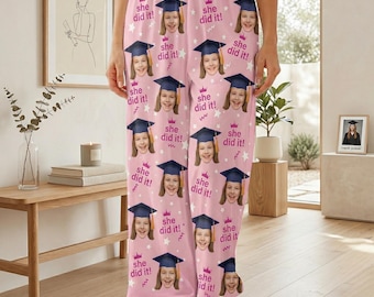 Custom She Did it Graduation Pajama Pants, Personalized Class of 2026 Pajamas, Face Graduation Gift for Kids, Grad Party Pants