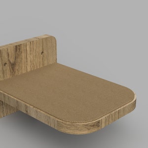 May include: A wooden cat perch with a brown, textured surface. The perch is mounted to a wall and has a rounded edge.