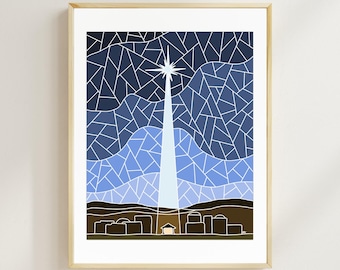 May include: A framed art print featuring a stylized illustration of a star shining over a town. The artwork uses a stained-glass effect with shades of blue, brown, and white. The star's light beam illuminates the town below.