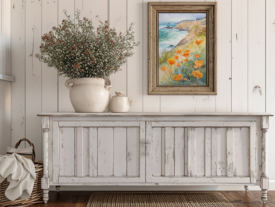 Coastal Watercolor Painting, Cottage Style Wall Decor, Floral Art Print ...