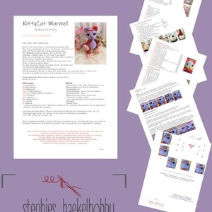 May include: Crochet pattern for a purple and red kitty cat amigurumi toy. The pattern includes instructions and diagrams for making the toy. The pattern is called "KittyCat Murmel" and is by "stephies_haekelhobby".