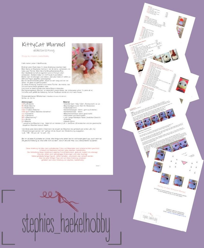 May include: Crochet pattern for a purple and red kitty cat amigurumi toy. The pattern includes instructions and diagrams for making the toy. The pattern is called "KittyCat Murmel" and is by "stephies_haekelhobby".