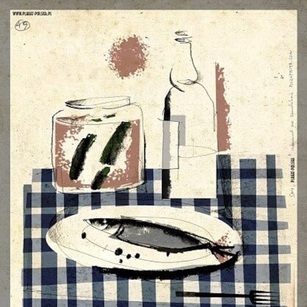 Vodka, herring and pickle Original Polish 2013 poster by Ryszard Kaja Poland Polska Szkola Plakatu flaszka ogórki śledź