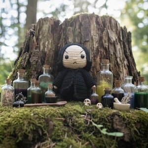 以下が含まれることがあります： 黒い髪と黒いコートを身につけたかぎ針編みの人形。色とりどりの液体や粉末が入った様々なガラス瓶、2つの小さな頭蓋骨の置物、木製のスプーン、乳鉢と乳棒に囲まれている。