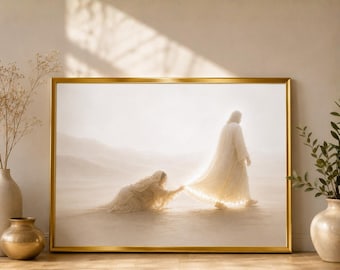 Könnte beinhalten: Ein rechteckiger Wandkunstdruck in einem goldenen Rahmen, der eine Figur in einem langen Gewand zeigt, die vorwärts geht, während eine andere kniende Figur den Saum des Gewandes in einer Wüstenlandschaft mit weichen, hellen Tönen berührt.