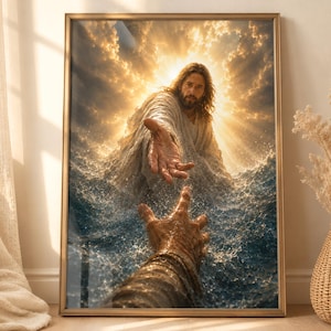 May include: Framed art print showing a religious scene. A figure in white robes reaches out a hand towards another hand in rough water. The background has a radiant, golden light breaking through clouds, creating a dramatic effect.