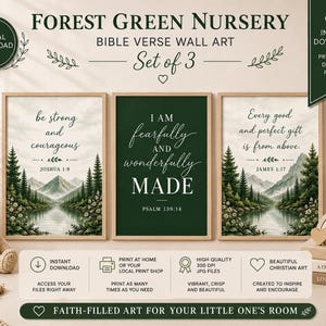 Può includere: Un set di tre stampe digitali da parete raffiguranti paesaggi di foreste e montagne con i versetti biblici: be strong and courageous Joshua 1:9, I am fearfully and wonderfully made Psalm 139:14, e Every good and perfect gift is from above James 1:17.