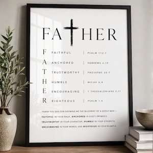 May include: A framed wall art print featuring the word FATHER with a cross replacing the letter T. The text lists attributes: FAITHFUL, ANCHORED, TRUSTWORTHY, HUMBLE, ENCOURAGING, RIGHTEOUS, each paired with a Bible verse, and a concluding message.