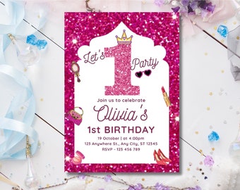 Princess 1st Birthday Invitation: Pink Glitter Crown (Editable Printable)