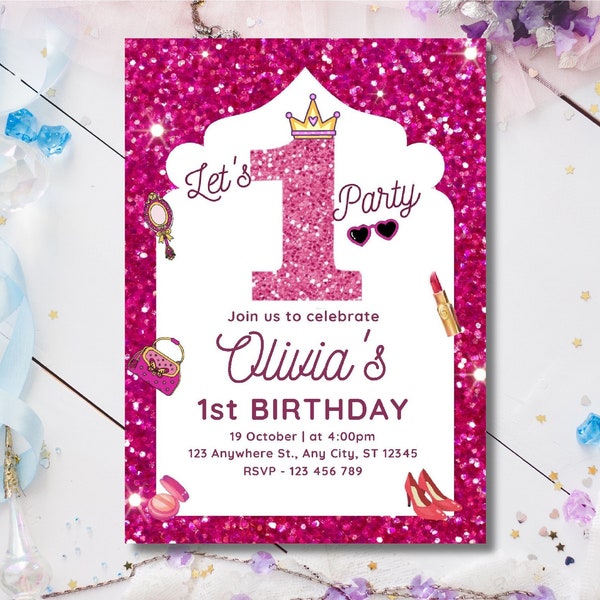 Pink Glitter Little Princess First Birthday Invitation, Editable Sparkling Glitter Birthday Evite, Personalised Girl First Birthday Invite