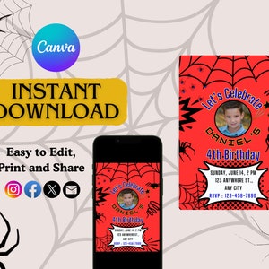 Convite de aniversário do Homem-Aranha, convite para festa do super-herói Spidey, convite elegante para telefone, cartão de aniversário personalizado, download digital