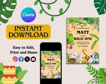 Wild One Safari Birthday Invitation: Jungle Animals Evite (5x7 Printable)