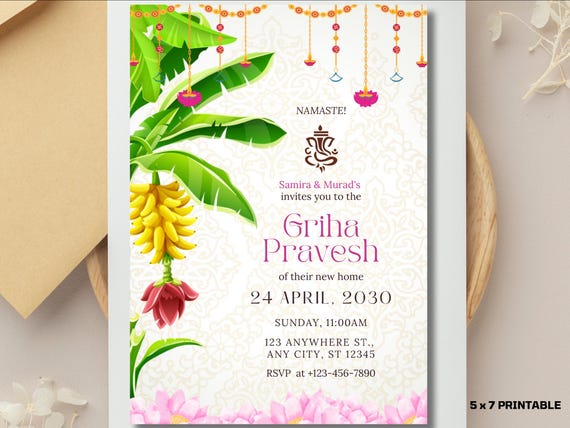 South Indian Housewarming Invitation: Lotus, Banana Plant (Digital)