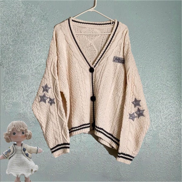 Folklore Cardigan Star Embroidered Merch Oversized Cute Hand Knitted Holiday Botton Up Sweater,Crochet Cardigan,Cardiganolklore Sweater