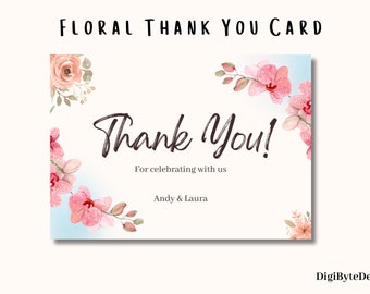 Customizable Elegant Floral Thank You Card: Print at Home & Digital Download-Perfect for Weddings and More! Printable Flower Thank You Card