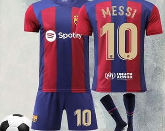 Nuevo Barcelona Home 2023-24,uniformes infantiles personalizables-Calcetines gratis,Conjunto de pantalones cortos para niños y adultos, Regalo de fútbol