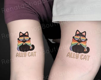 Pride Ally Cat LGBT Temporary Tattoo, Retro Rainbow Colors Cat Ally Tattoos, Proud Ally Tattoo, Funny Pride Tattoo, Pride Month Gift