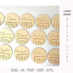 Lot de 16 disques SVG fleurs sauvages pour cadeau de naissance | Accessoires photo bébé à plat | Fichiers DXF découpés au laser | Fichiers gravés au laser