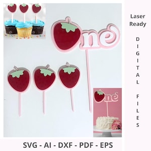 Ensemble SVG de décoration de gâteau et de décoration pour cupcakes Berry pour le premier anniversaire | 1er anniversaire de fille aux fraises | Décorations de gâteau d'anniversaire avec baies, fichiers coupés