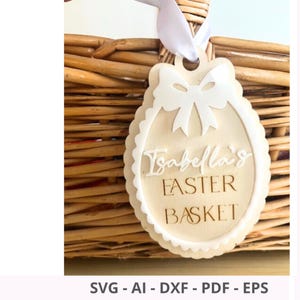 Etichetta per cestino di Pasqua con fiocco in nastro con bordo smerlato, design SVG / Etichette regalo di Pasqua / Etichette per cestino di Pasqua felice File di taglio digitale / File vettoriali