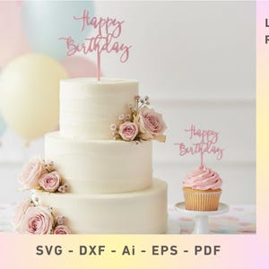 Decorazioni per torte e cupcake di buon compleanno in formato SVG: file per taglio laser Glowforge (download digitale)