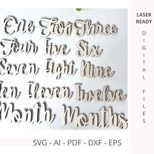 Baby Monatliche Meilensteine Holzbuchstaben Worte Zahlen SVG | Laser geschnittene Fotorequisite | Sofort Download DXF Schnitt Datei