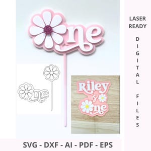 Pacote com 4 designs personalizados Daisy ONE Primeiro aniversário de menina Topper de bolo Camada dupla SVG | Topo de bolo temático One Daisy | Vetor SVG