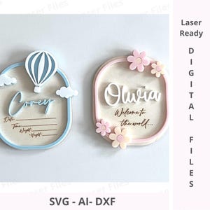 Baby Ankündigung Plaques SVG Set | Mädchen & Junge Neugeborenen Fotorequisite | Digitaler Download | Baby Name offenbaren Zeichen | Schwangerschaftansage Vektor