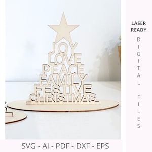 Decoraciones de mesa navideñas Palabras de árbol de Navidad en soporte Archivos cortados por láser SVG / Alegría Amor Paz Personalizado / Decoración de mesa navideña / Glowforge