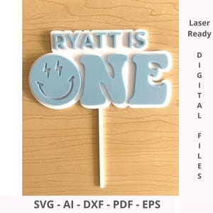 Custom Cake Topper SVG DXF Smiley Face yeux en forme d'éclair | Décoration pour premier anniversaire groovy | Vecteur de fichiers numériques pour machines de découpe