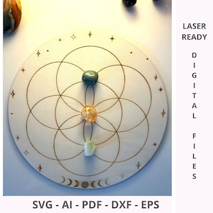 Arquivo de pontuação SVG do quadro de grade de cristal da lua e das estrelas da semente da vida | Yoga Studio Sacred Geometry Grid 26 cm SVG Laser cut Vector | Cricut