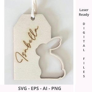 Étiquette de nom de panier de Pâques lapin découpé SVG | Personnalisable avec des prénoms d'enfants | Fichier découpé au laser sur le thème de Pâques | Conception vectorielle pour machines de découpe