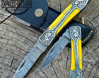 Handmade Damascus Steel Pocket Knife For Men Unique Christmas Gifts For Him, Groomsmen Personalized Wedding Anniversary Gifts For Husband,