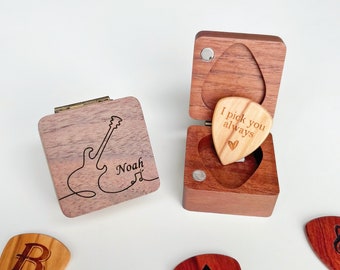 Fathers day gift wooden guitar picks with case, Custom engraved guitar plectrum box, custom pick holder, gift for man father boyfriend him