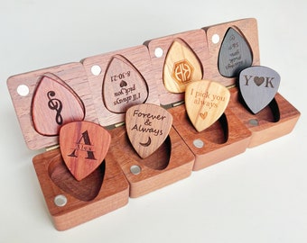 Custom Wooden Guitar Picks with Case, Engraved Guitar Plectrum Box, Custom Pick Holder, Gift for man father boyfriend, Birthday Gift Him