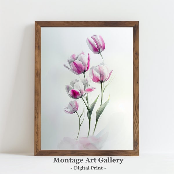 Watercolor Tulip Printable Wall Art | Colorful bouquet of flowers Print | minimalist Summer Floral Painting | Botanical Spring Home Decor