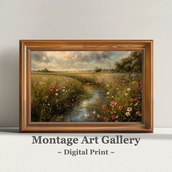 Printable Wildflower Field Stream Landscape Vintage Painting | Pink Spring Print Farmhouse Print | Neutral Wall Art | Digital Download